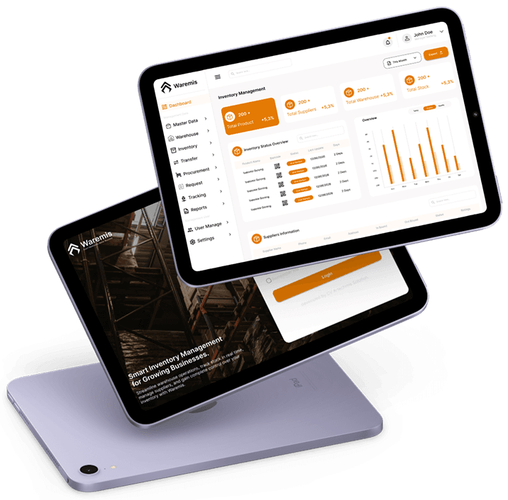Warmis warehouse management dashboard shown on tablet and phone