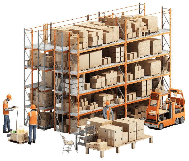 Warehouse racking full of boxes with workers managing inventory